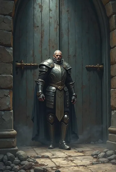 A knight came out from a huge closed door, opening it slowly