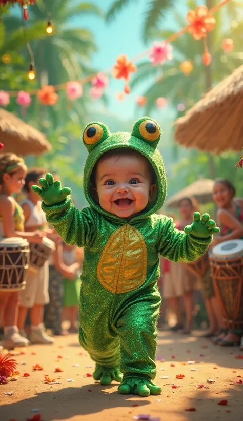 A baby in a shiny frog ,  costume dancing to the sound of drums at a tropical themed party.