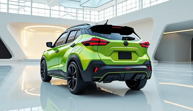 create an ultra-detailed 3D render of a modern, full close-up full straight (back) view of 2025 Nissan Kicks with a bold design. The car should feature a  (Green color) with a  logo on its, and sleek LED lights . The body should be wide and expanded in glo...