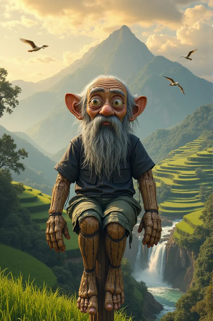 "A surreal and hyper-realistic scene of a scarecrow resembling an old wise man with exaggerated, expressive cartoonish facial features, including big eyes and a long gray beard. He is wearing a tattered black shirt and green cargo shorts while sitting cros...