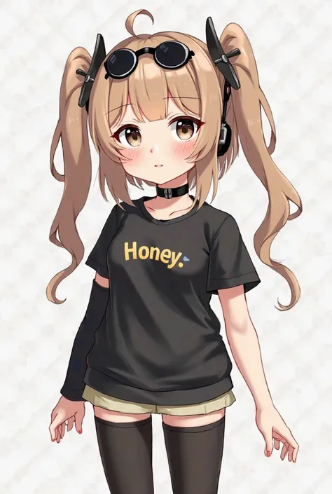 Anime femenina, light brown hair with two tails, Headless Roblox Headles Head with Eyelashes, Some black lenses on the head, A hearing aid with spikes, a black collar a black shirt that says "Honey" Some black arm warmers,  Black Short Skip, Korean feet , ...