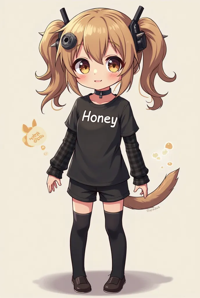 Anime femenina, light brown hair with two tails, Headless Roblox Headles Head with Eyelashes, some black lenses on the head, A hearing aid with spikes, a black collar a black shirt that says "Honey" Some black arm warmers,  Black Short Skip, Korean feet , ...