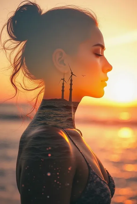 High quality,  8K Ultra HD, Uma bela double exposure que combina uma silhueta de deusa com a costa ao pôr do sol, the coast at sunset should serve as a backdrop, with its details embedded in the goddess,  sharp lines, The background is monochrome, sharp fo...