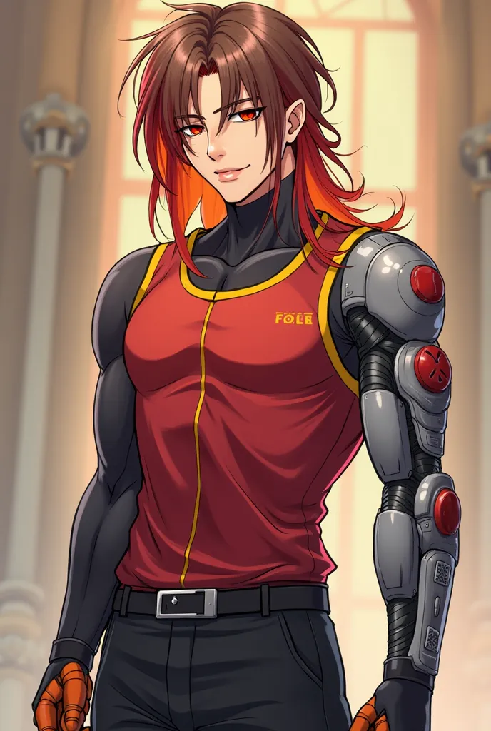 Anime style
Male
Man
Adult
52 years old
Phoenix Enigma, wears the following clothes: a red tank top with yellow details on the shoulders and a white line down the center, black pants, black gloves on both hands, and orange shoes with red details. His hair ...