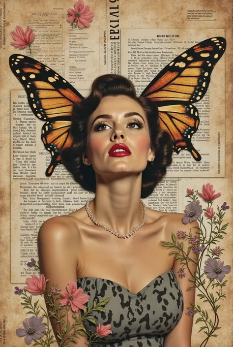 A6-sized vintage collage postcard blending old newspaper clippings, 1950s fashion magazine cutouts, and delicate floral motifs. The background has a textured aged-paper effect, with a surreal mix of elements—such as a classic Hollywood actress with butterf...