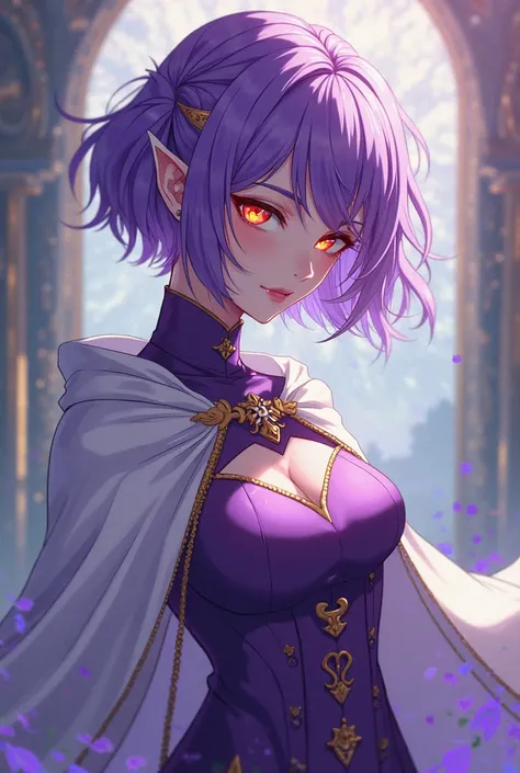 An anime-style adult girl with short, Purples, pointed sideways and with the ends of the hair being white with one eye being red and the other eye being yellow, with the clothes being a purple adventurer's and magician's clothing and with a white cape,  wi...