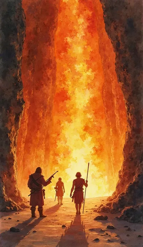 A surreal watercolor blend of orange, red, and gold, depicting a flickering fire casting long, distorted shadows on a cave wall. The figures holding objects are barely visible, blending into the chaotic colors of the flames.