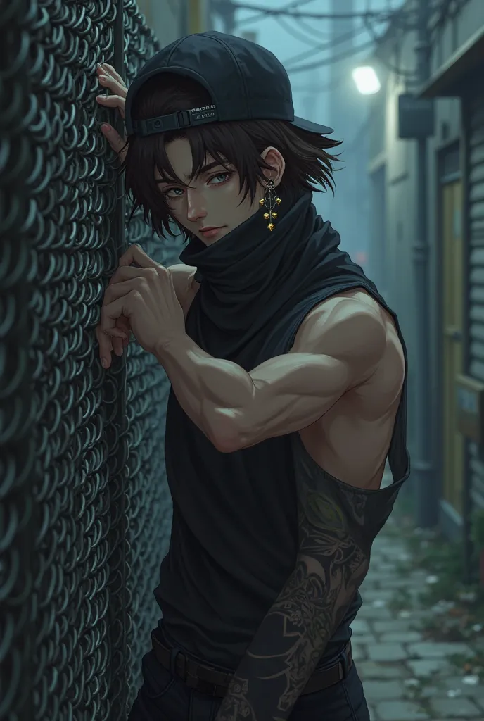 a male leaning on the iron chain garden fence with his waist, he has a bit of muscle. His hair is a little longer than normal, dark brown hobbit cut., above his shoulders. He has a triple Felix earring on his ear. His face is looking towards the screen and...