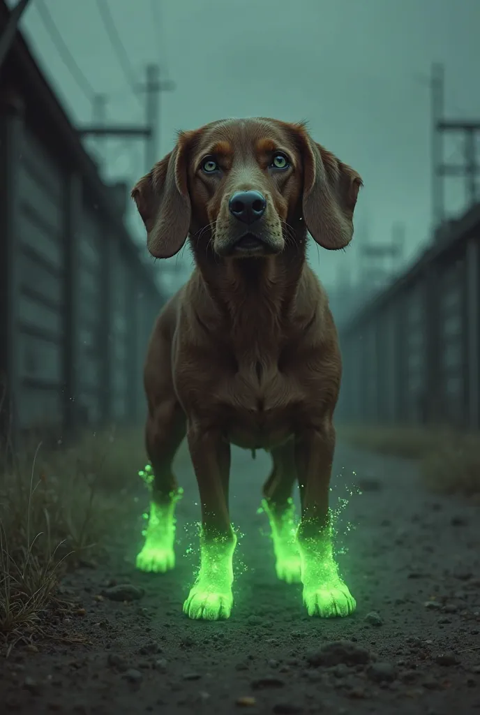 Make the image of a female dark brown sausage dog, We see that Arta has green energy on his front legs he is in a concentration camp at night 