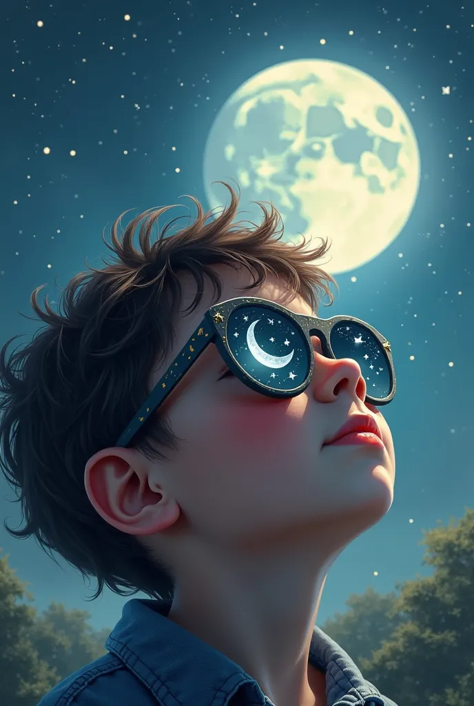 The ma s boy seeing the moon and moon started talking to himodel is wearing glass sunglasses with stars and the moon on the glass