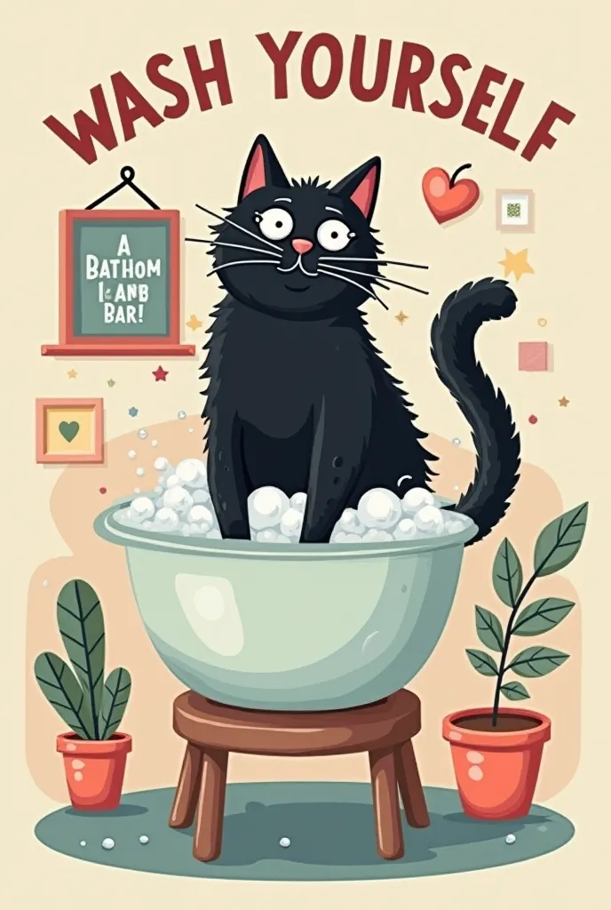 Design a cute and humorous mug print featuring a black cat standing on a small stool, washing itself in a sink full of bubbles. The background should depict a cozy bathroom with pastel colors, framed pictures, and small decorative details. The cat should l...