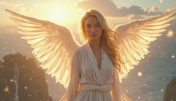 Create an ultra-realistic, hyper-detailed, 8K resolution photo-like thumbnail featuring a stunningly beautiful woman who looks like an ethereal angel. She should have large, glowing, feathered wings that radiate soft light, with each feather meticulously d...