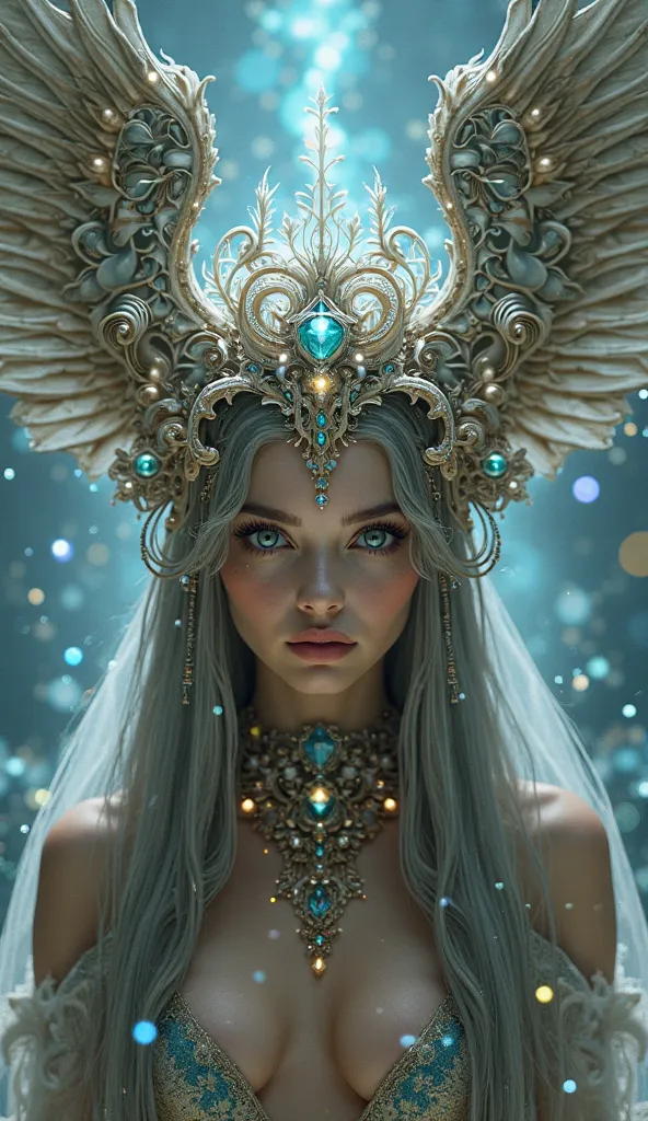 captivating image depicts a mesmerizing, fantastical figure who embodies a powerful, otherworldly presence. The subject's face is framed by a striking, ornate headdress adorned with intricate, ethereal flourishes and glowing gemstones that seem to emanate ...