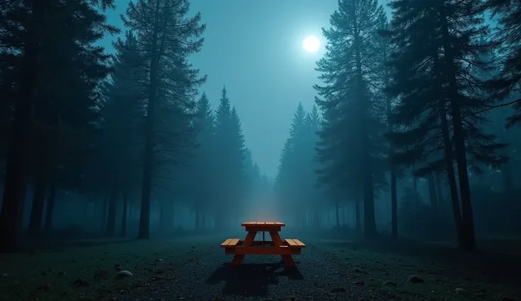 A mysterious forest clearing at night, with a bright orange picnic table standing in the middle, surrounded by dark pine trees. The air is thick with fog and shadows, and the scene is lit by a dim moonlight, casting eerie blue tones over everything. The im...