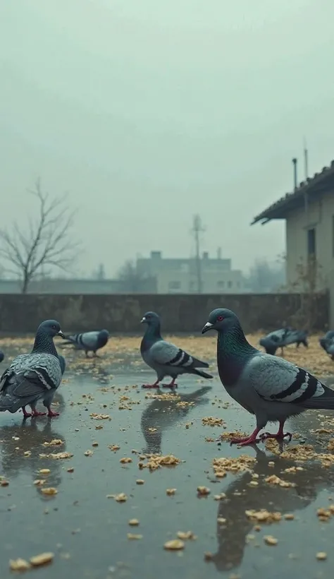 A lonely rooftop with scattered grains, but no person in sight. The pigeons are sitting still, their heads slightly bowed, creating a sorrowful atmosphere.
