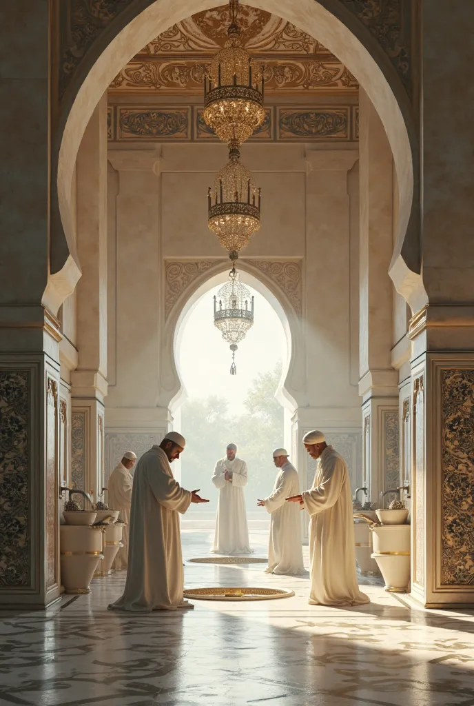 "Picture of a mosque's ablution area, with Muslims performing wudu and ghusl."