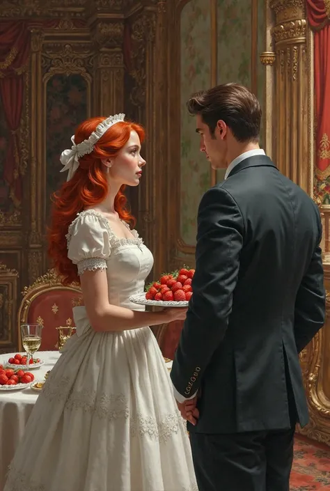 Make a book cover, with a Redhead dressed as a maid with her back holding a breakfast tray with some strawberries,  facing a mysterious man wearing a suit sitting on the table with his back to her in a room in the castle