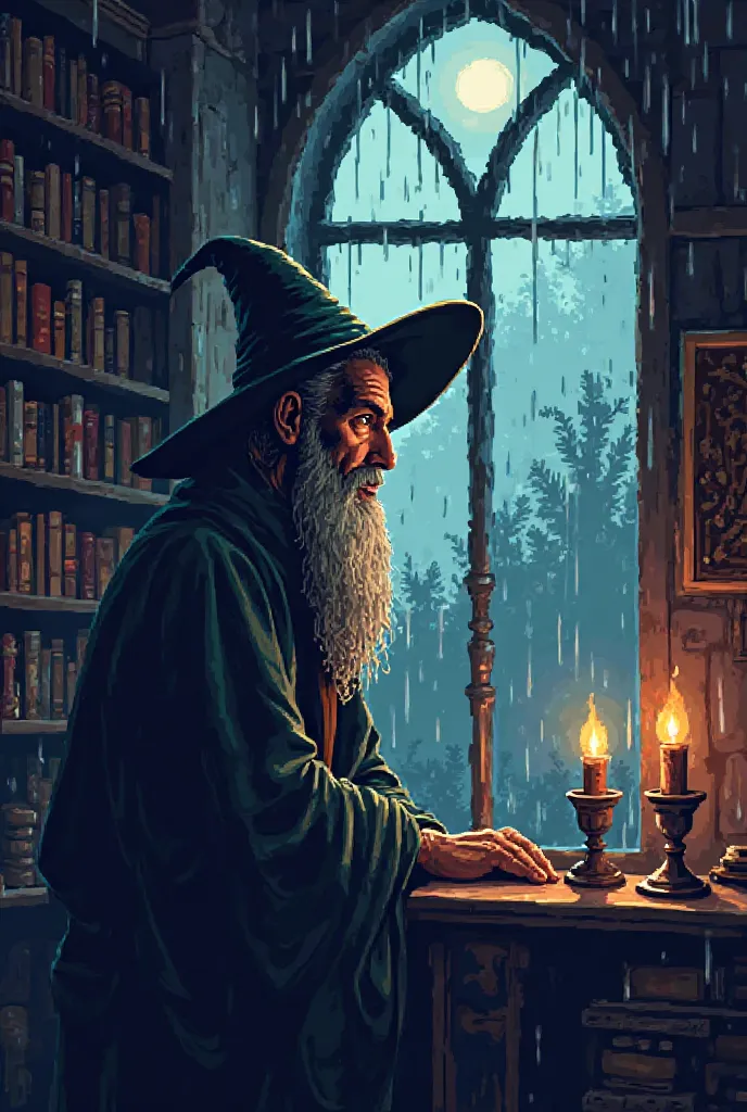 A wizard looking at the window and seeing that it is raining at night pixelated 