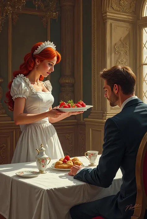 Make a book cover, with a Redhead dressed as a maid with her back holding a breakfast tray with some strawberries,  facing a mysterious man wearing a suit sitting on the table with his back to her in a room in the castle