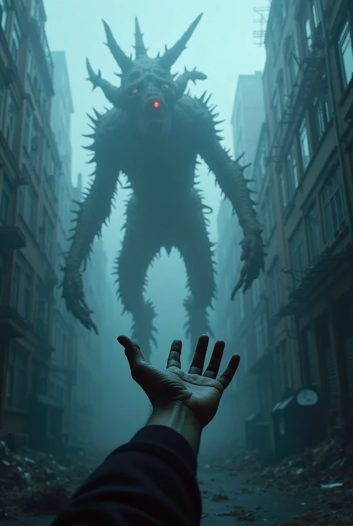  Here's a prompt based on the image :  

*"A dark and cinematic scene in an abandoned and misty urban environment. Lens In the foreground, a hand extended towards a colossal monster that hangs in the air. The creature has a grotesque and alien appearance, ...