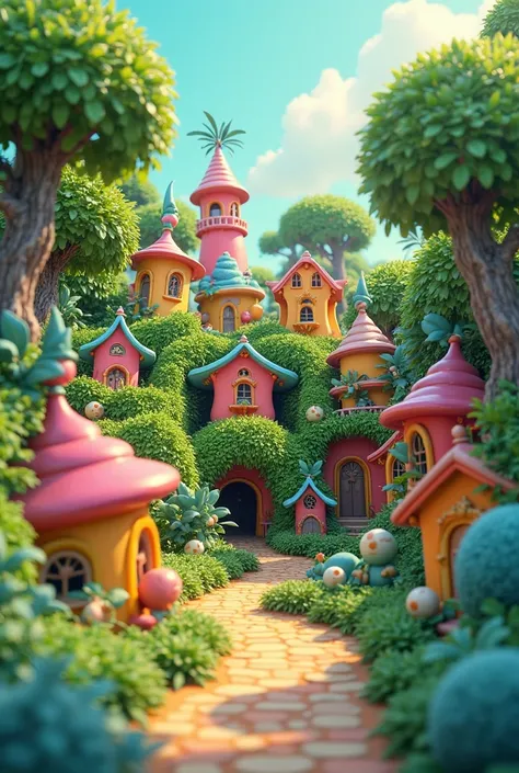 3d cartoon of a village inside a bush with strange and fun colored houses.