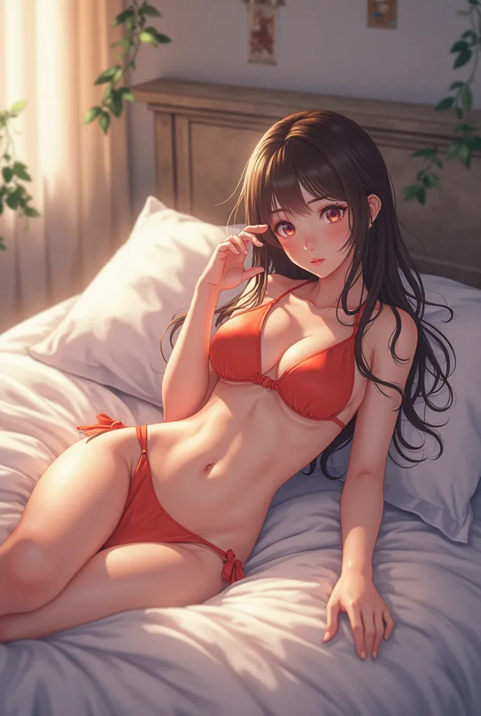 Anime girl with a cute face lies in a bikini on the bed