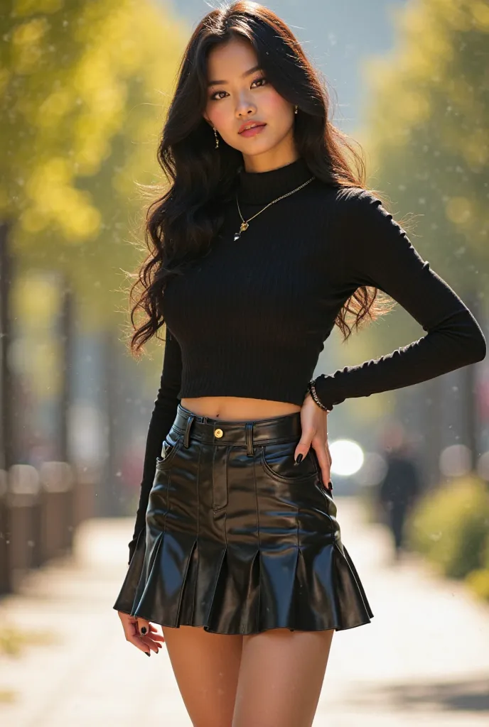 A highly realistic image of a young woman in a K-pop style, standing confidently in a sunny outdoor setting. She has long, glossy black hair styled in soft waves and a striking, confident expression. She’s wearing a black top, black skirt, and black heels,...