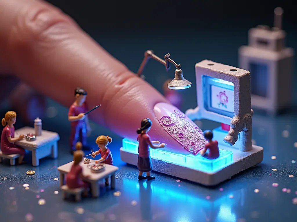  A giant finger rests on an illuminated bench, while a team of miniatures works as nail art artists. Some paint detailed patterns with microscopic brushes, others apply small jewels and sparkles. There's even a mini UV booth and a screen showing the "finis...