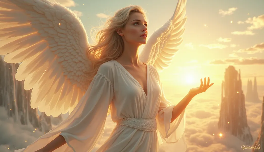 Create an ultra-realistic, hyper-detailed, 8K resolution photo-like thumbnail featuring a stunningly beautiful woman who looks like an ethereal angel. She should have large, glowing, feathered wings that radiate soft light, with each feather meticulously d...