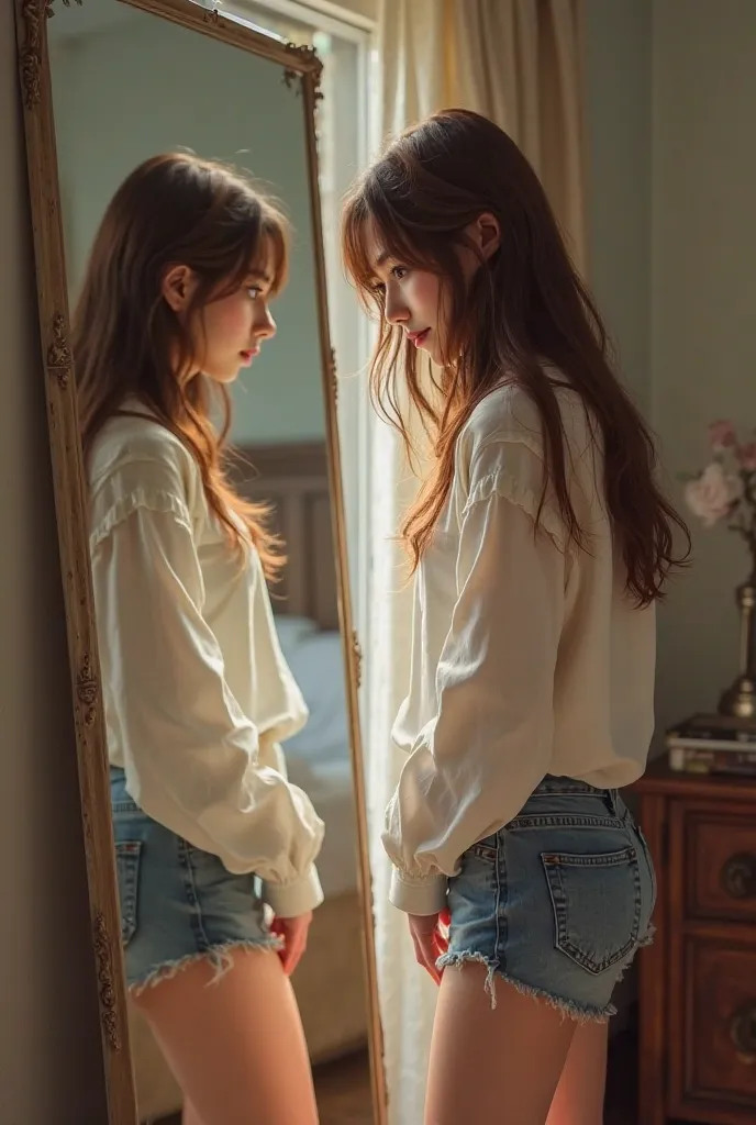 Create an image of a beautiful brown-haired realistic woman in a bedroom dressed in denim shorts and a white blouse in front of the mirror 