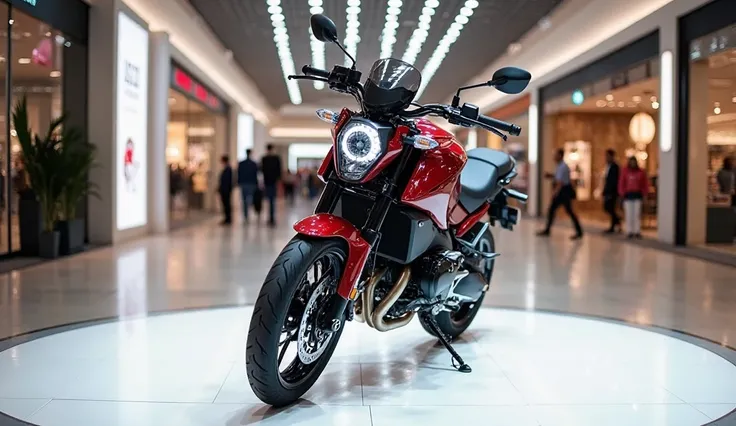 A  view photo of a dark red 2025 BMW g 310 GS with a sleek, full modified, modern design. The bike is parked on a white surface. The background is a shopping mall with white lights. The photo reveals the luxurious interior. The overall ambiance is sleek, h...