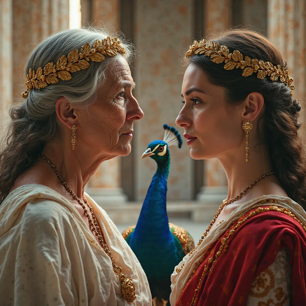 Photograph of an old woman wearing a golden laurel wreath with a peacock facing a young woman, white and red Roman toga, rivalry, face centered, image background Roman marble temple