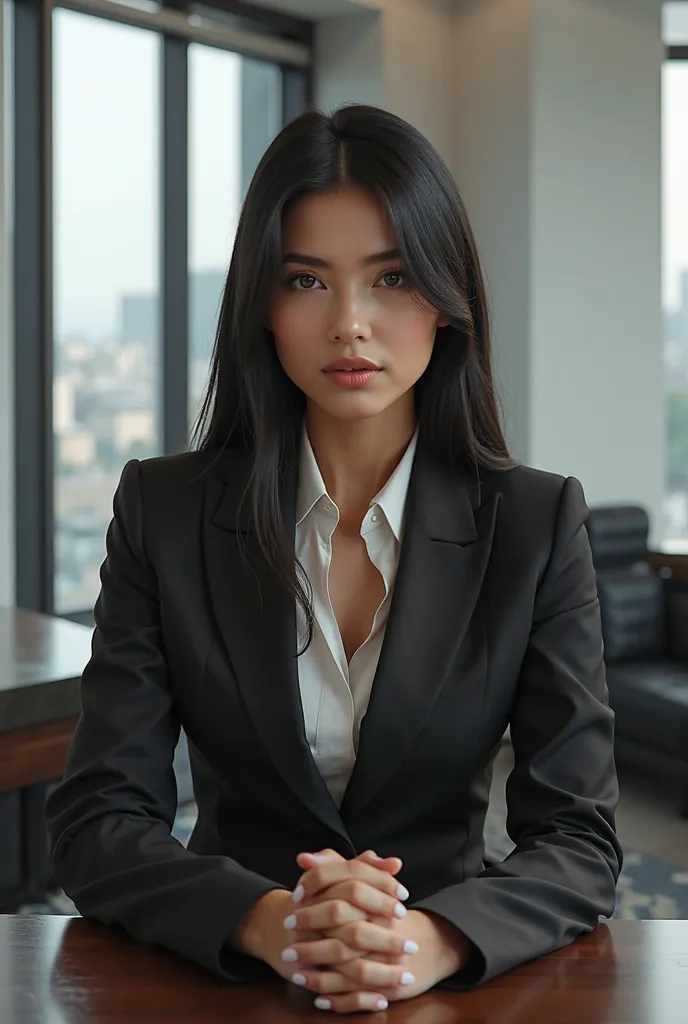 Make a picture of a brunette woman, Straight black hair with the attitude of an empowered businesswoman