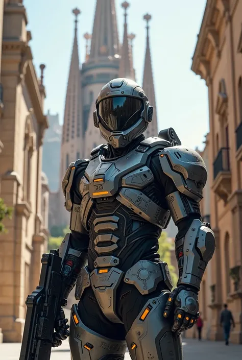 Armed futuristic soldier standing in front of a well-known Spanish building or statue 