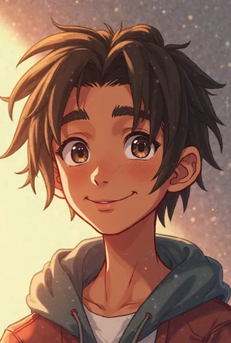 anime male  mixed race with short brown dreadlocks smiling at camera with head tilted 