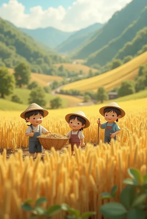 asia farmer miniatures are happy working at farm, wheat