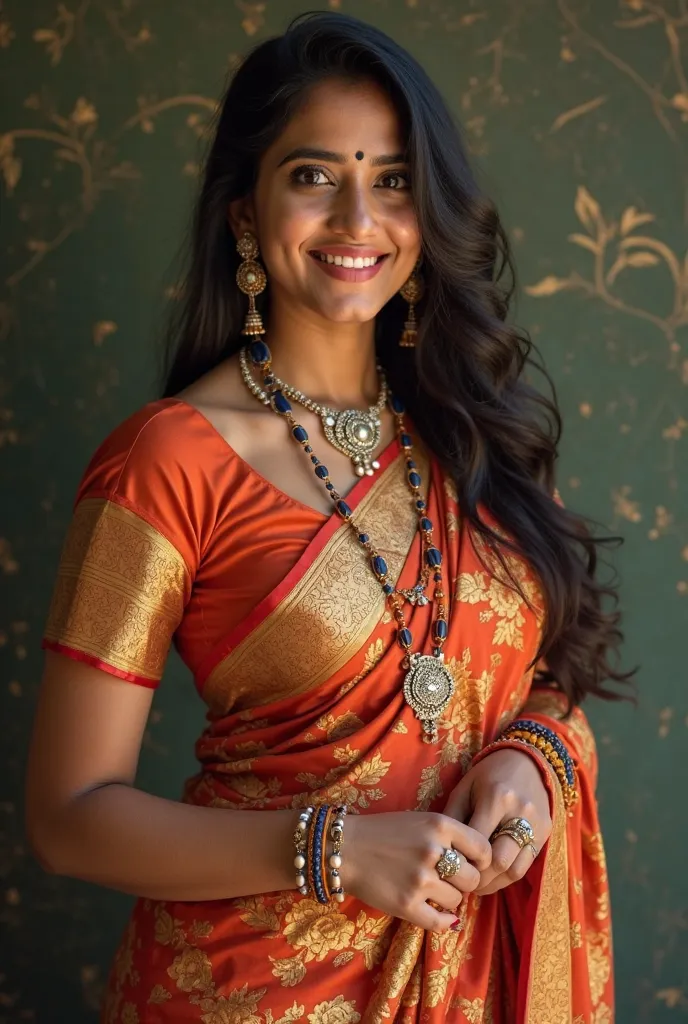 Create a girl above 22 years old, make she look half saree navel dropped, big boobs and beautiful face with smile. Make sure this could be a Tamil girl with 8K HD quality.