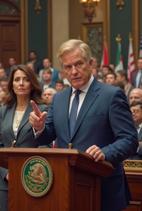 "A hyper-realistic image of a blond politician, in a blue suit, speaking at an official pulpit with the coat of arms of Mexico.  He has a serious and determined expression , pointing his finger as he speaks to a large crowd in the background, holding signs...