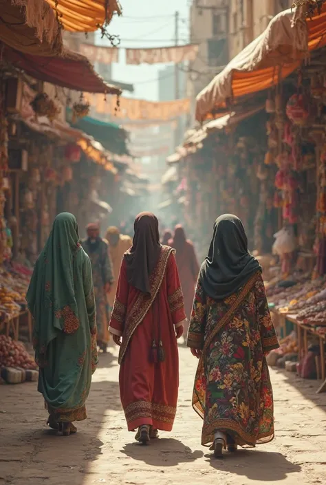 
A few burqa-clad girls are strolling through a shop next to a large market.