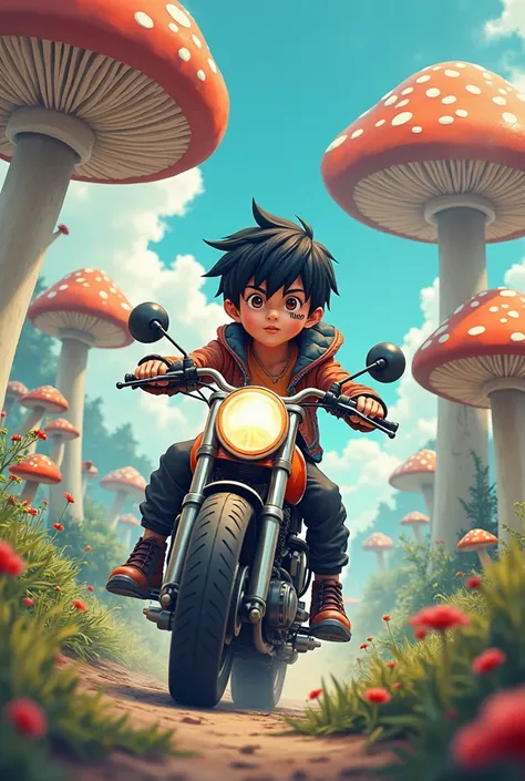 ANIME MUSHROOMS MOTORCYCLE RIDER BOY WITH BACKGROUND NAME KABUTE FOR FACE BOOK BANNER LAND SCAPE 