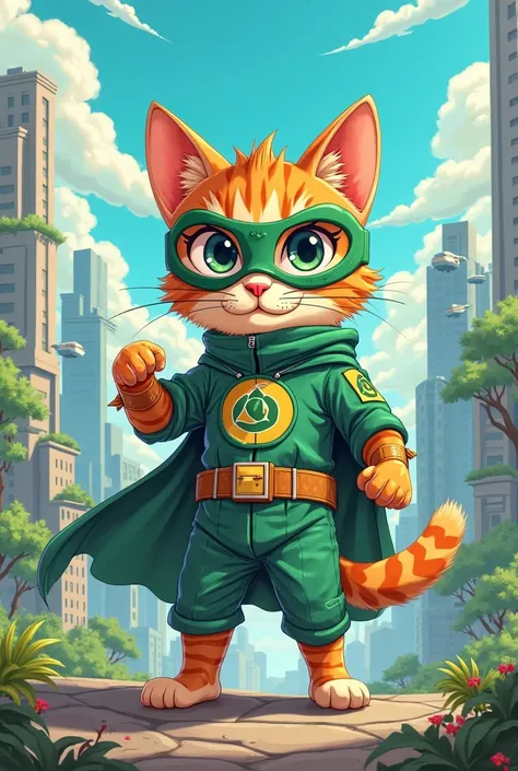 anime-style cartoon pet cat with mask and environmental hero costume