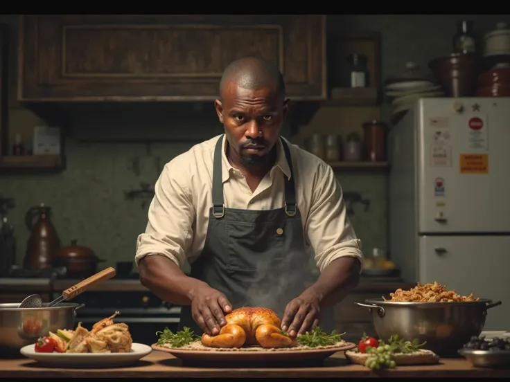 Create for me a black person cooking chicken without a smile, without a beard, With very short hair and put on
