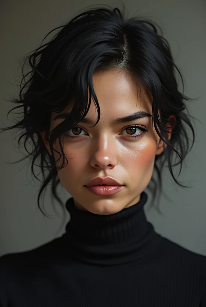 Portrait of a young man of about 25 years old with black hair Abache and slightly messy, With some strands falling over her forehead. She has arched and expressive eyebrows, dark and penetrating eyes that reflect cunning and a touch of arrogance. Her skin ...