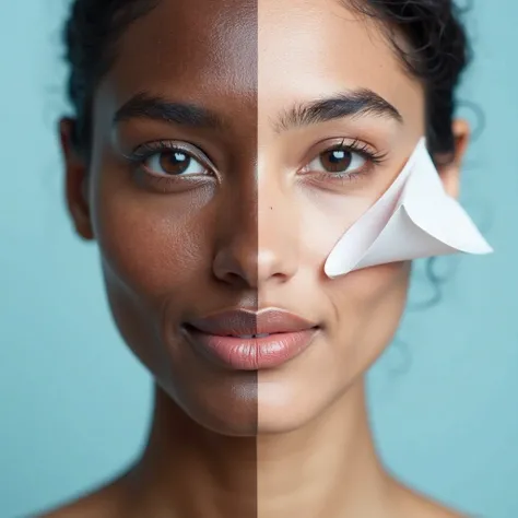 "A close-up of a beautiful Indian woman's face, perfectly split down the middle. The left side of her face is dark, colorless, and slightly rough-textured, while the right side is shiny, clear, and bright. The transition between the two sides is dramatic, ...