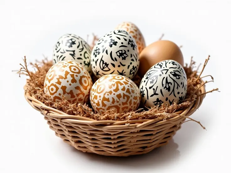 Do the set of easter ukrainian eggs with folk patterns in beige, white, black colors. Etnic national easter eggs of Ukraine in a basket with straw and wood shavings isolated on white background. Realistic style.