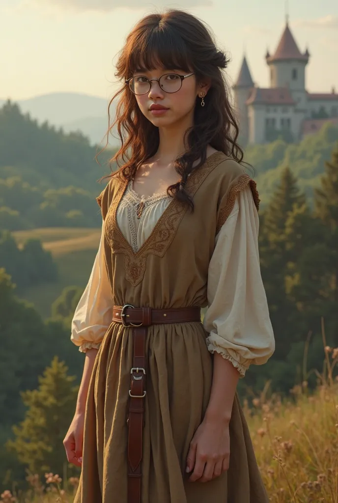 One young woman in her twenties with wavy brown hair, bangs, brown eyes and round glasses. She has a small chest. In a medieval outfit