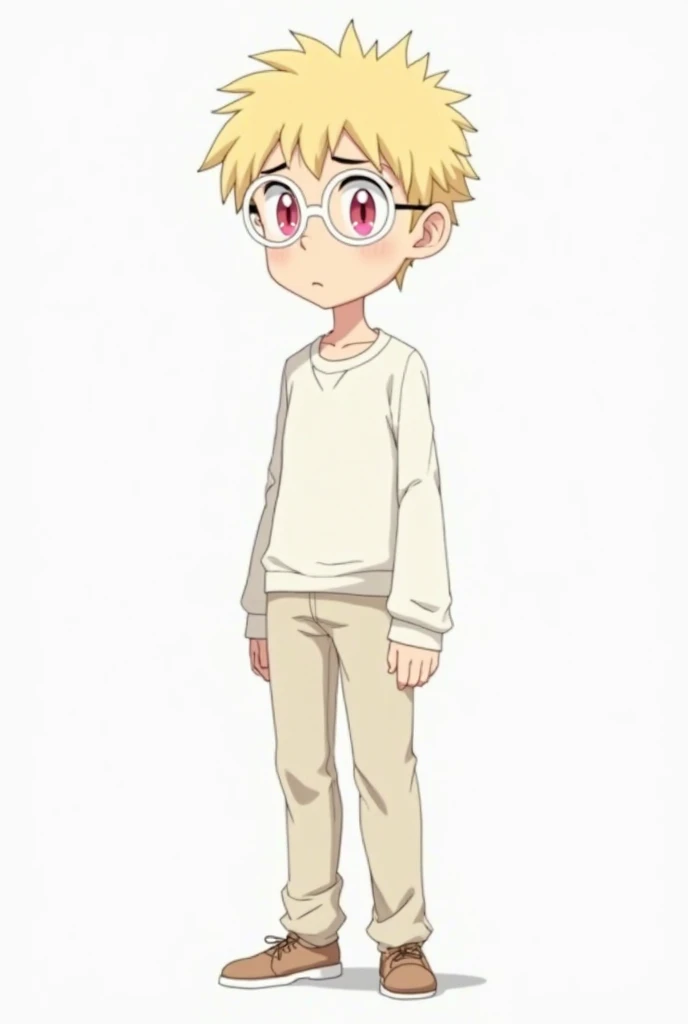 Generate a 2D anime style of a frail young bespectacled man with dull blonde hair, pink eyes, and white-rimmed ovular spectacles. He wears simple clothes; a white shirt and simple pants and shoes on front of a white background standing still 

Personality
...