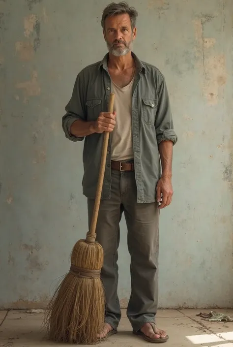  Make him look like a normal person just holding an old broom 