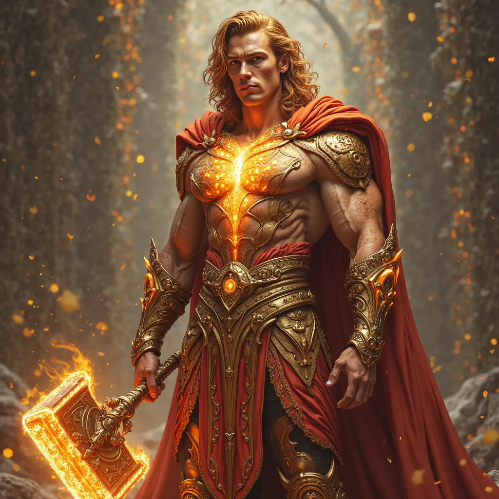 Make an full body photorealistic character of the hero. incredibly handsome and extremely muscular body builder with narrow waist and big muscular legs and big well rounded buttocks. Wearing small crown band. Medium length reddish blond loose curly haired ...