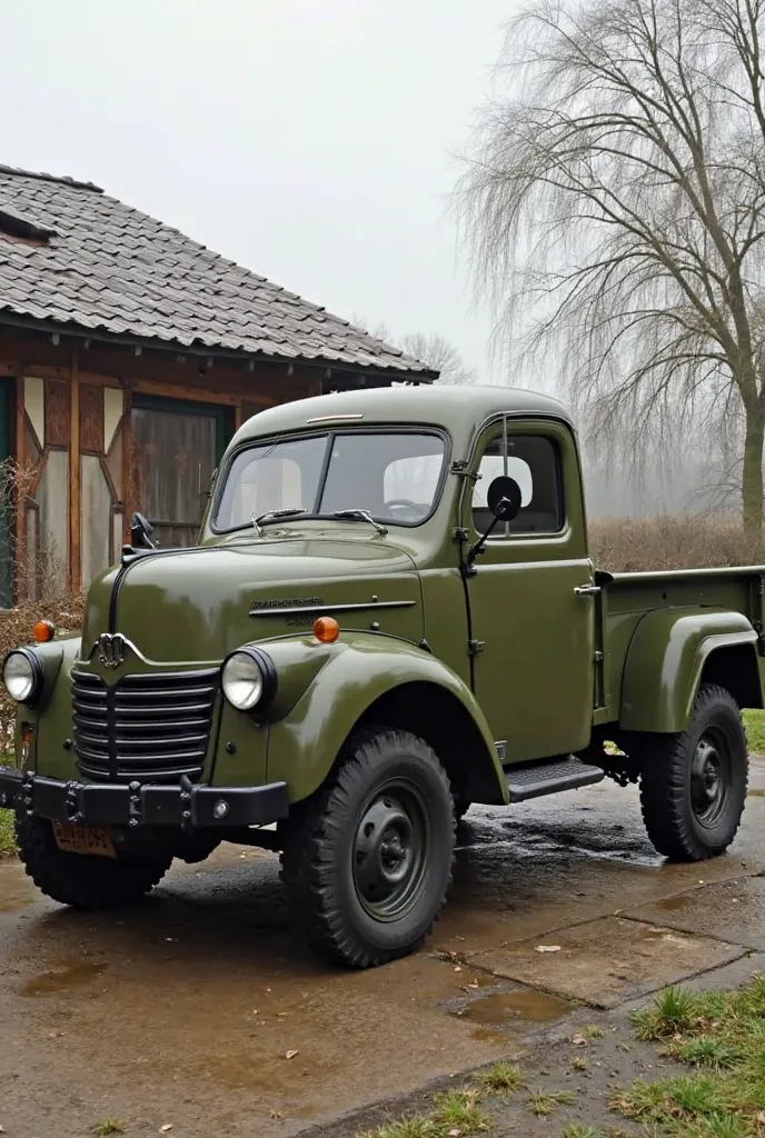 The 1959 FSC Żuk A-07 Polish pickup truck has an olive green design, that matches its robust appearance. Stands at an angle to the camera in a backyard in Poland